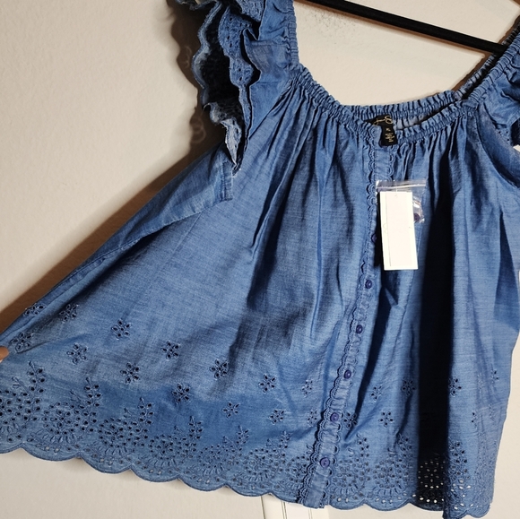 NWT Jessica Simpson Stretch Chambray Eyelet Ruffle Sleeve Violetta Top Size XL - Picture 10 of 16